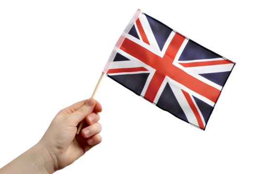 man hand hold national flag of United Kingdom isolated on transparent background