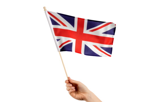 man hand hold national flag of United Kingdom isolated on transparent background