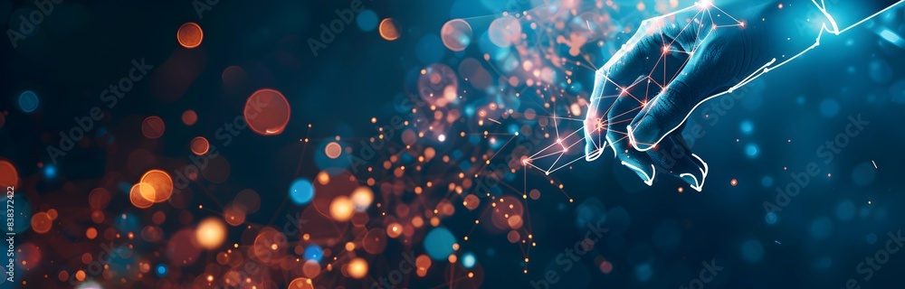 Aufkleber hand touching digital connections on a modern computer screen, technology and business concept backg
