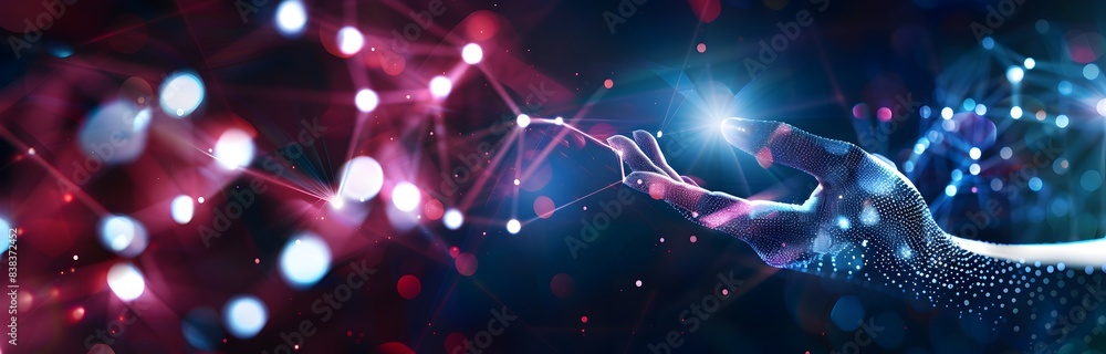 Aufkleber hand touching digital connections on a modern computer screen, technology and business concept backg