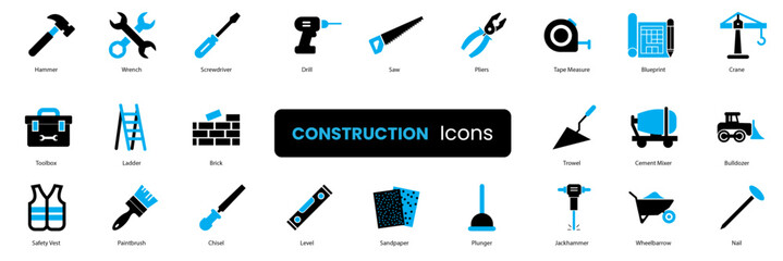 construction icon set. Hammer, Wrench, Screwdriver, Drill, Saw, Pliers, Tape Measure, Blueprint, and more. dual tone soldi icon