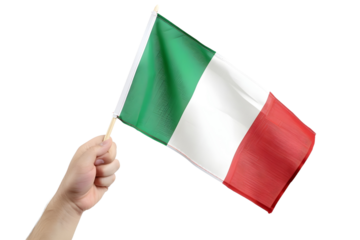man hand hold national flag of Italy isolated on transparent background