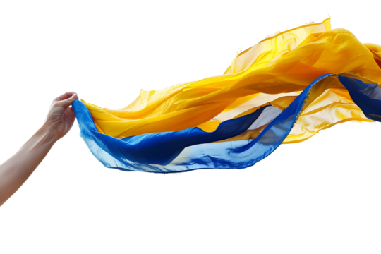 man hand hold national flag of Ukraine isolated on transparent background