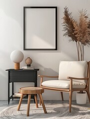 Fototapeta premium Stylish scandinavian composition of living room with design armchair, black mock up poster frame, commode, wooden stool, book, decoration, loft wall and personal accessories in modern home decor