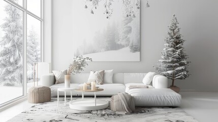 Stylish Christmas scandinavian minimalistic interior with white decor.