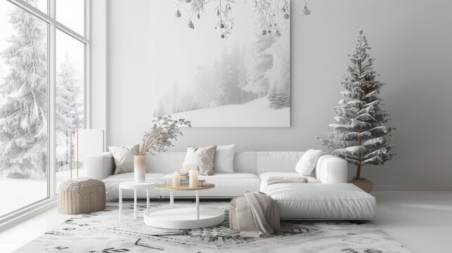 Stylish Christmas scandinavian minimalistic interior with white decor.