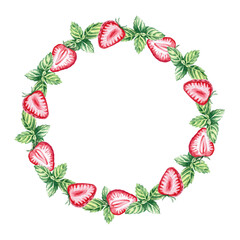 Strawberry and mint slices are arranged in a wreath in a watercolor illustration on a white background. Hand drawn strawberries for cookbooks, lemonade, restaurant menu design, bar, cards.