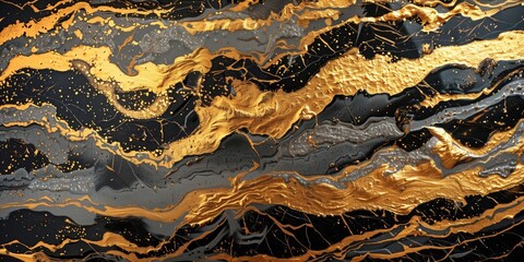 Fototapeta premium Gold and black marbled abstract texture. Luxurious metallic wave design.