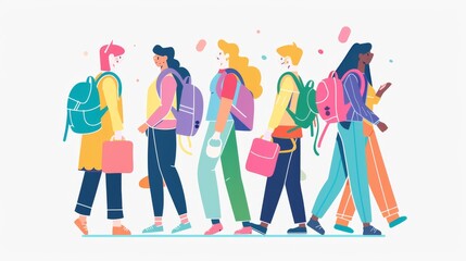 flat illustration of students walking to school class rooms, collaboration, group work, team building, back to school, education