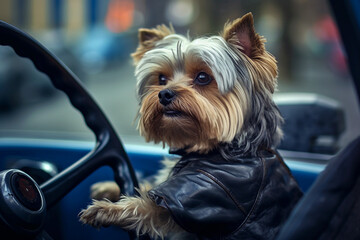 A stylish Yorkshire Terrier wearing a cute jacket sits confidently behind the wheel.