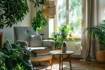 A modern living room with lots of green plants, a grey armchair and wooden coffee table in the foreground