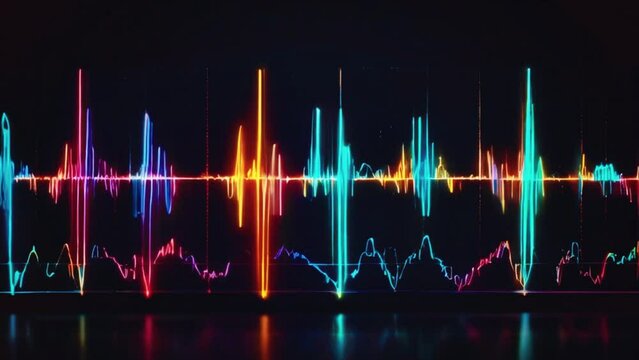 Neon light effects to create VU meters that look like glowing waveforms pulsing to the beat, Sound wave equalizer. Loop VJ motion graphics, audio meter spectrum waveform beat react EDM seamless loop