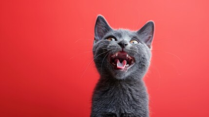 A gray cat with green eyes yawns with its tongue out against a bright red background.