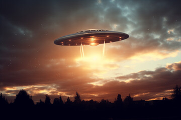 ufo in the stars sky, on the sunset
