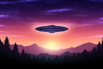 ufo in the stars sky, on the sunset