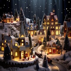 Merry Christmas and Happy New Year. Festive winter scene with toy village.