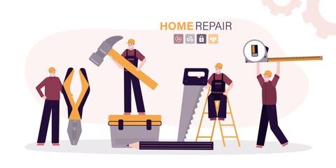 Home repair, set of various repairmen with toolkit. Builders and building hand tools for repair. Four worker man, repair service.