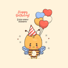 Funny bee in birthday cap with balloons. Cute cartoon insect kawaii character. Vector illustration. Happy birthday holiday card. Kids collection