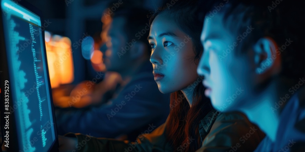 Poster group of people analyzing data on computer screen at night in business office setting