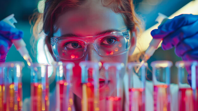 Female Scientist Working with Test Tubes in a Laboratory. female scientist wearing safety glasses and gloves, conducting an experiment with test tubes in a laboratory setting, under colorful lighting.