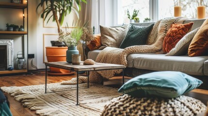 A cozy living room with a tidy coffee table and stylish accents, presenting a clean and inviting space.