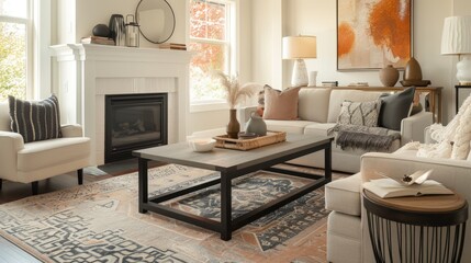 A cozy living room with a tidy coffee table and stylish accents, presenting a clean and inviting space.