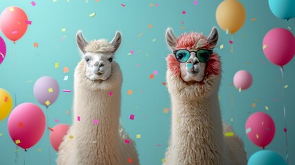 This festive image features two llamas at a summer party with balloons and confetti, with one llama's face blurred, evoking the spirit of a fun vacation