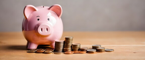 Picture of a pink pig piggy bank with coins placed next to it.