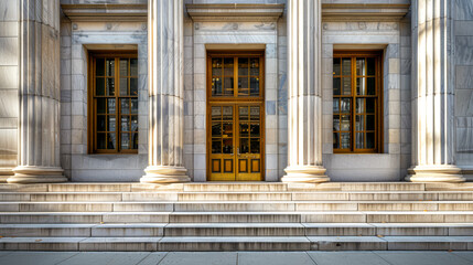 Federal Reserve Bank Exterior with Columns. Exterior of Federal Reserve Bank featuring grand columns and a classic architectural design. Entrance is framed by large windows and symmetrical stone steps