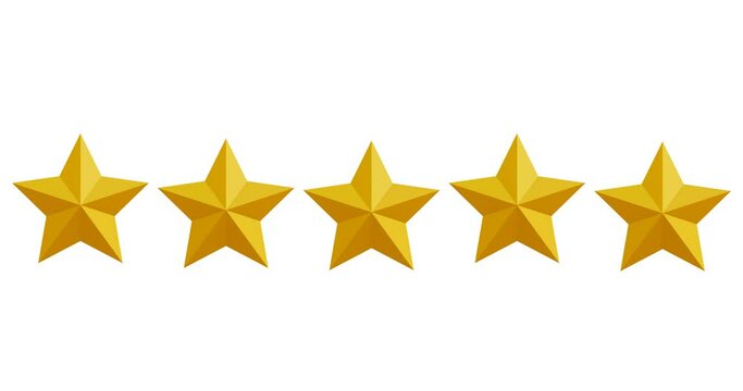 Animated stars. Feedback about the service, product and place. Best review. 3d 4k animation, cartoon style, isolated, transparent background.