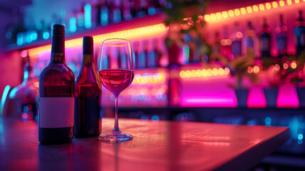 Wine Bottle and Glasses on Modern Bar Counter. Wine bottles and a glass on a modern bar counter with vibrant, colorful lighting. The image captures a lively and sophisticated nightlife atmosphere.