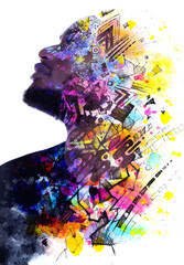 A paintography profile male portrait merged with an abstract art
