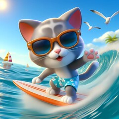 Katze auf einem  Surfbrett