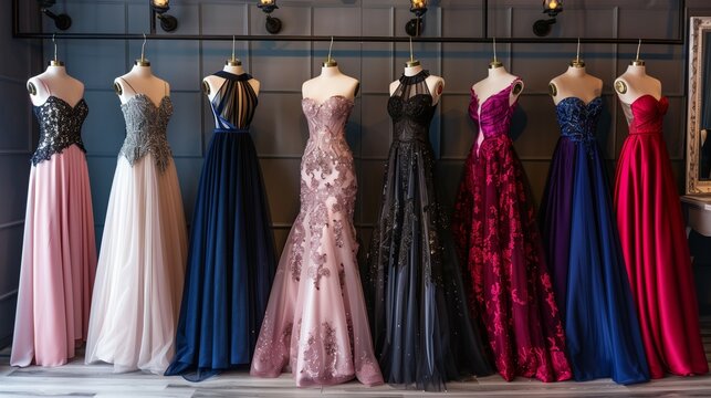 colorful collection of female dresses on hangers in retail shop, elegant woman clothes in store, variety and big assortment