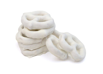 white chocolate covered pretzels on white background
