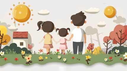 Obraz premium An illustration featuring three family members standing together and admiring a serene landscape with whimsical elements