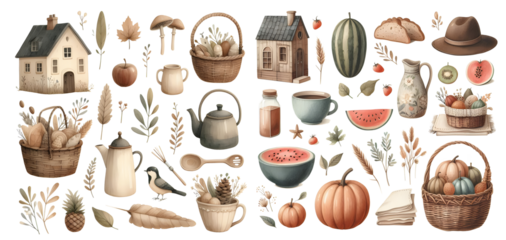 Isolated pictures, watercolor images of cartoon characters, houses and vintage style decorations. Transparent backgrounds are suitable for decoration and use as media elements.
