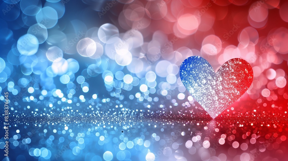 Poster sparkling heart shape on red and blue bokeh background
