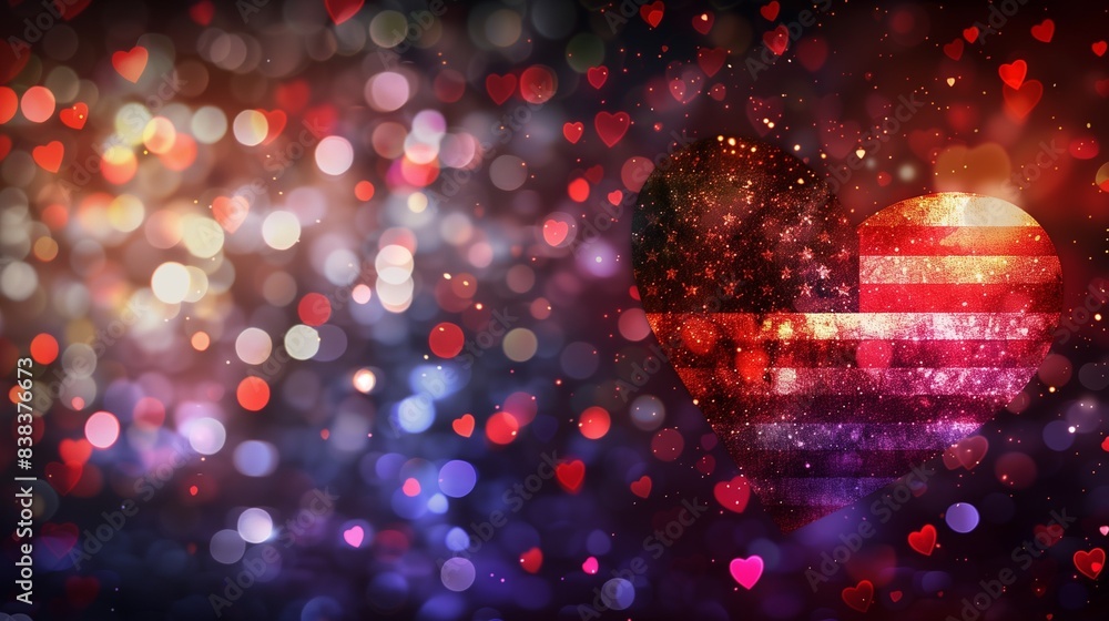Aufkleber glittering heart with american flag pattern on colorful bokeh background