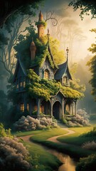 Obraz premium chinese temple in the night, fairy tale castle in forest, old house in the forest, an old castle in the jungle, trees house