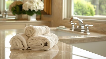 A luxurious bathroom with a spotless marble countertop and neatly folded towels, showcasing clean elegance.