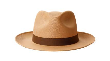 Stylish tan fedora hat with brown band isolated on white background. Perfect accessory for casual and formal wear, adding a touch of elegance.