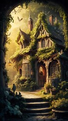 Fototapeta premium fairy tale castle in forest, old house in the forest, an old castle in the jungle, trees house
