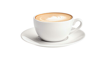 Obraz premium A close-up shot of a white cup of cappuccino with latte art on a white saucer. Isolated on a white background.