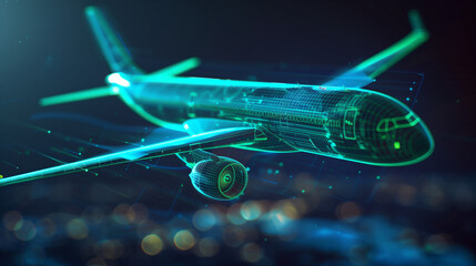 Delivery plane flying, blue and green thin technology lines on it.