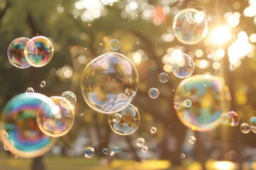 Naklejka premium Soap bubbles fly against the backdrop of a park and city on a sunny day