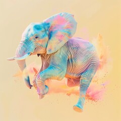 This beautiful artwork captures the playful essence of an elephant in mid-stride with a Summer-inspired color palette and abstract background