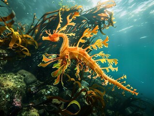 AI generated illustration of a seahorse glides through ocean waters among coral reefs