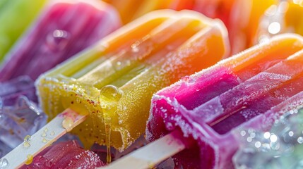  Colorful popsicles arranged on a white background in a closeup view. Colorful summer ice cream pops with a colorful gradient of red, yellow, green, blue and purple dripping from the stick, melting