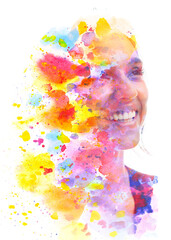 A colorful abstract paintography portrait of a laughing woman